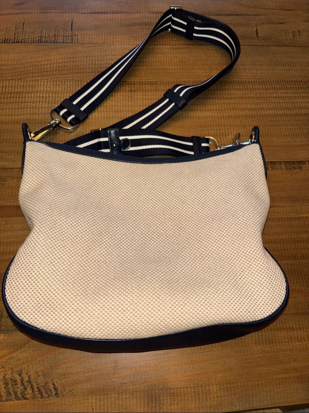 kate spade Cream Canvas Crossbody with Navy Trim and Striped Strap EUC!
